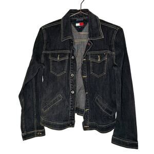 Vintage Tommy Hilfiger Black Button Front Pockets Denim Jacket Size Large